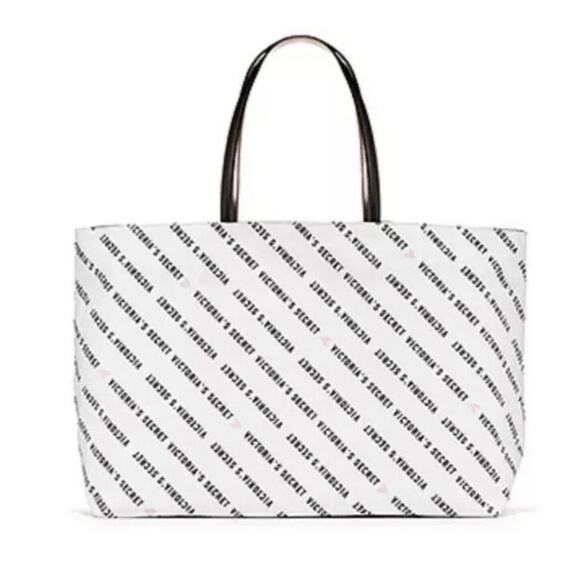 Victoria Secret Tote Bag Logo White Black Pink Hearts Handbag Weekender Limited - Picture 1 of 6